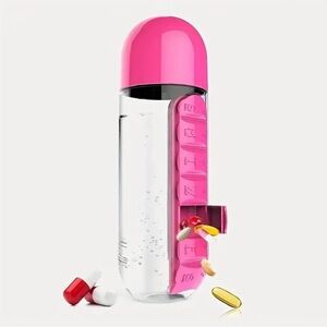 Pink Plastic Water bottle with Attached Medicine Box. Brand new. Never used.